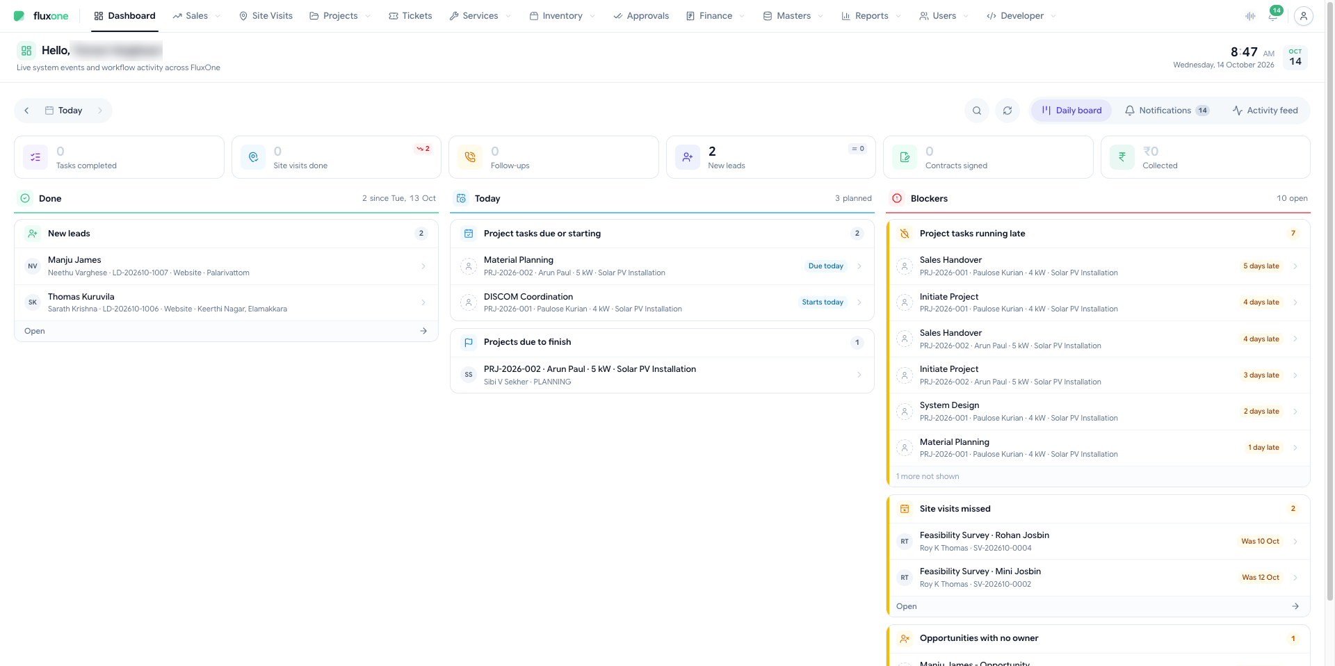 FluxOne daily board showing work done, today's plan and open blockers