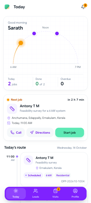 FluxZero Today screen with the day's jobs, next job and route